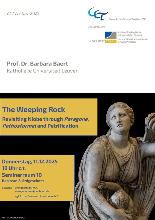 Poster zur CCT-lecture 2025: Barbara Baert zu ‚The Weeping Rock. Revisiting Niobe through ‚Paragone‘, ‚Pathosformel‘ and Petrification'